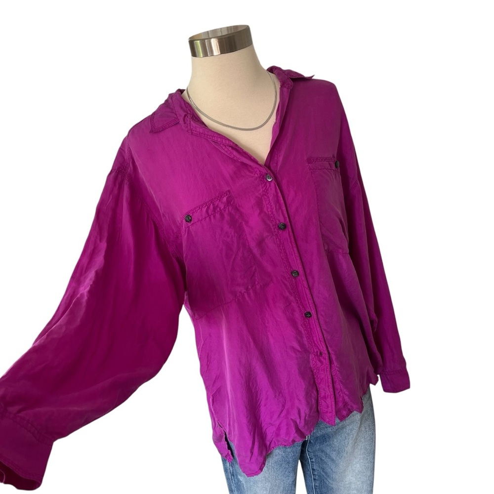 Vintage 90s 100% silk button down blouse fuchsia S